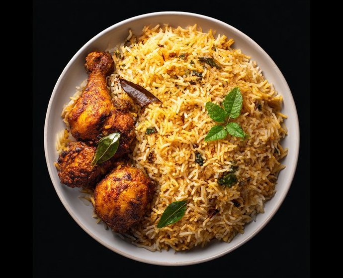 Hyderabadi dum chicken biryani with basmati rice and spices at House of Biryanis & Kebabs in Iselin, NJ